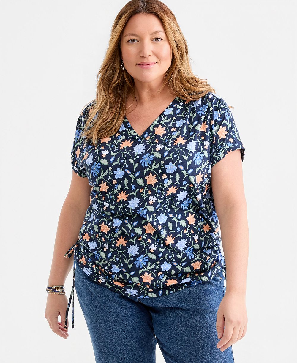 Style & Co Plus Size Printed Ruched Tie-Hem V-Neck Top, Macy's Exclusive
