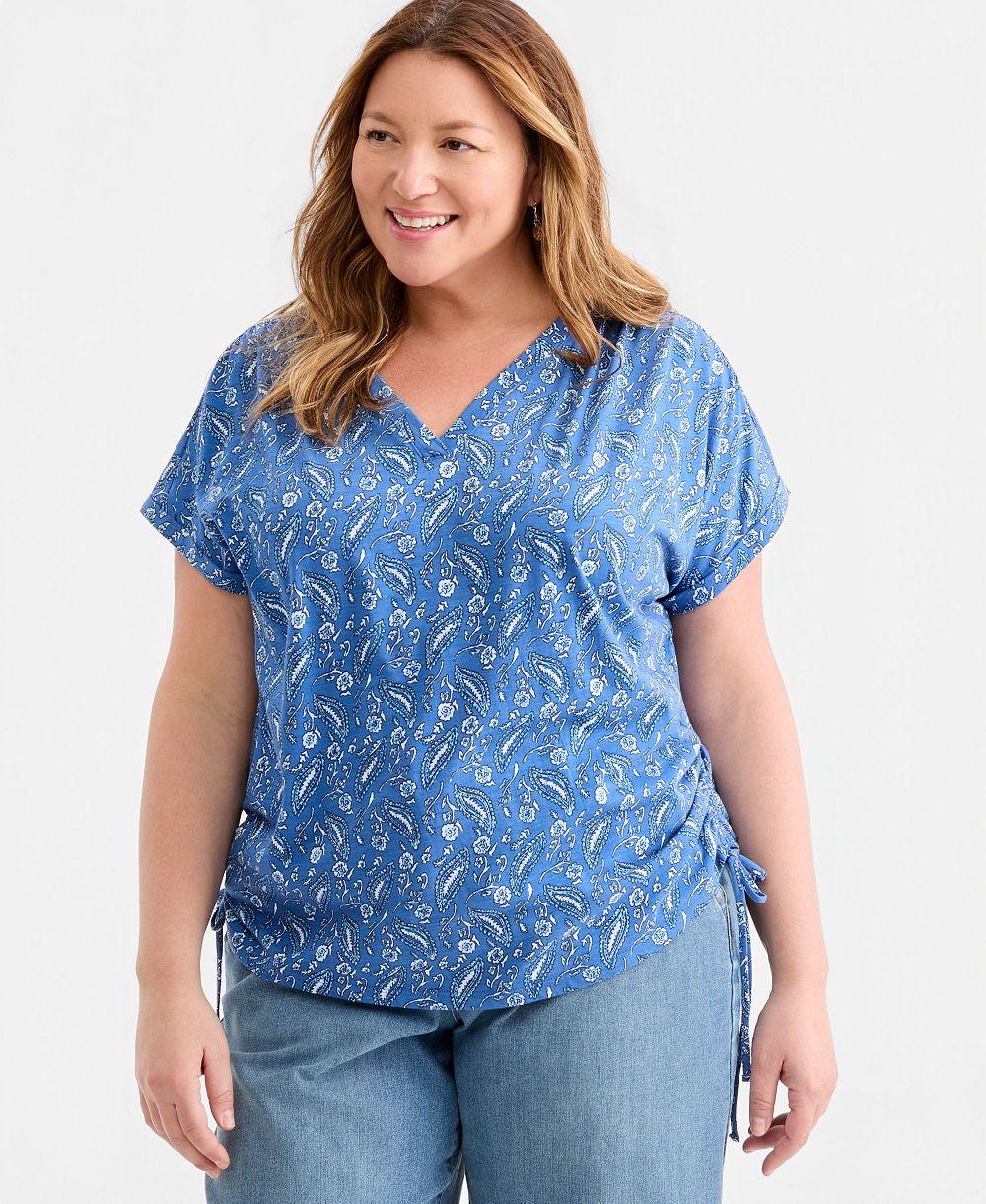 Style & Co Plus Size Printed Ruched Tie-Hem V-Neck Top, Macy's Exclusive