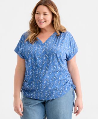 Style & Co Plus Size Printed Ruched Tie-Hem V-Neck Top, Macy's Exclusive
