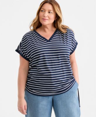 Style & Co Plus Size Printed Ruched Tie-Hem V-Neck Top, Macy's Exclusive