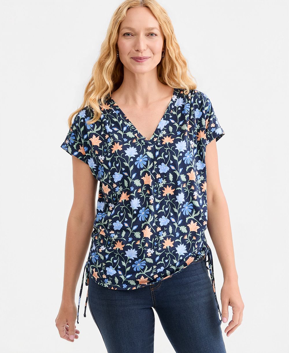 Женский топ Style & Co Printed Ruched Tie-Hem V-Neck