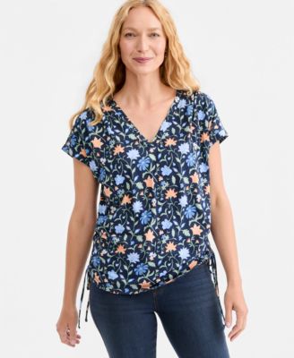 Style & Co Women's Printed Ruched Tie-Hem V-Neck Top, Macy's Exclusive