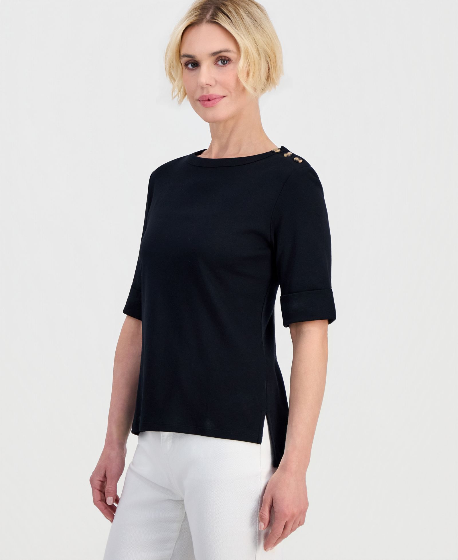 Топ Style & Co Petite Cotton Asymmetric-Button Boat-Neck
