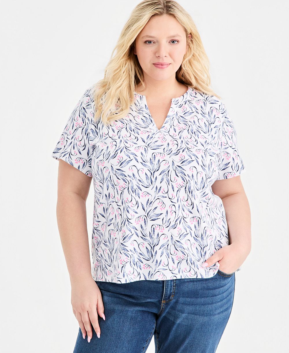 Женский топ Plus Size Style & Co Printed Short-Sleeve Split-Neck