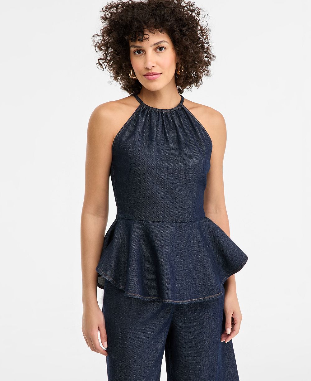 I.N.C. International Concepts Women's Denim Peplum Halter Top, Macy's Exclusive