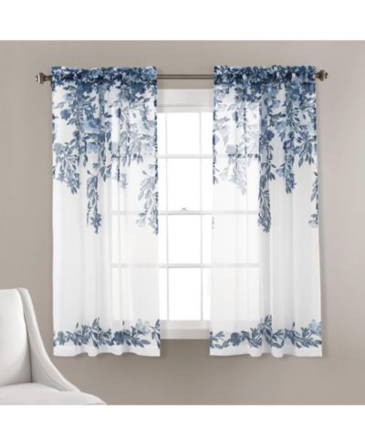 Lush Decor Tanisha Sheer Window Curtain Panels Navy & - Floral Curtains for Living Room - Sheer Curtains for Bedroom - Cottage Decor