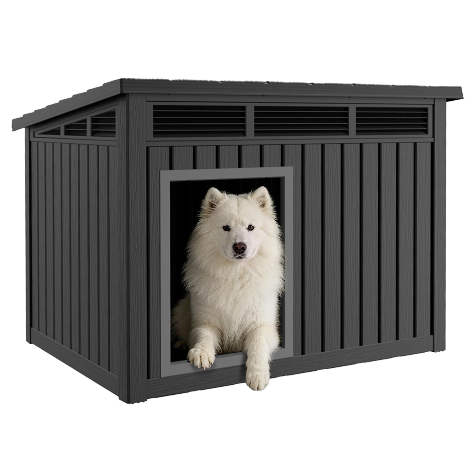 Decksplore 204 inclined top air pole kennel gray and black Durable Outdoor Kennel with Angled Roof for Optimal Drainage and Ventilation