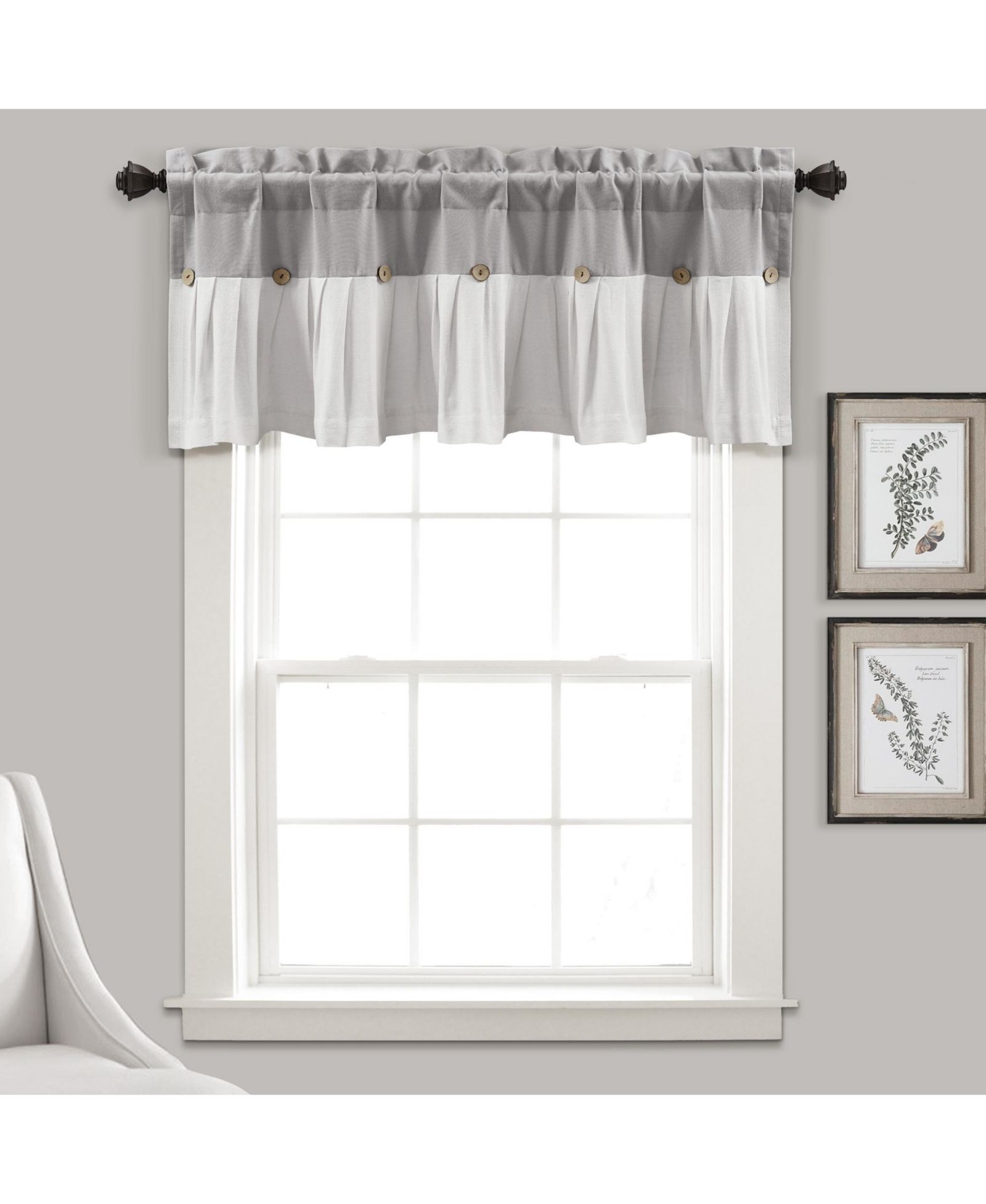 Lush Decor Linen Button Farmhouse Valance, Kitchen Curtains Valances, Block Design with Husk Button