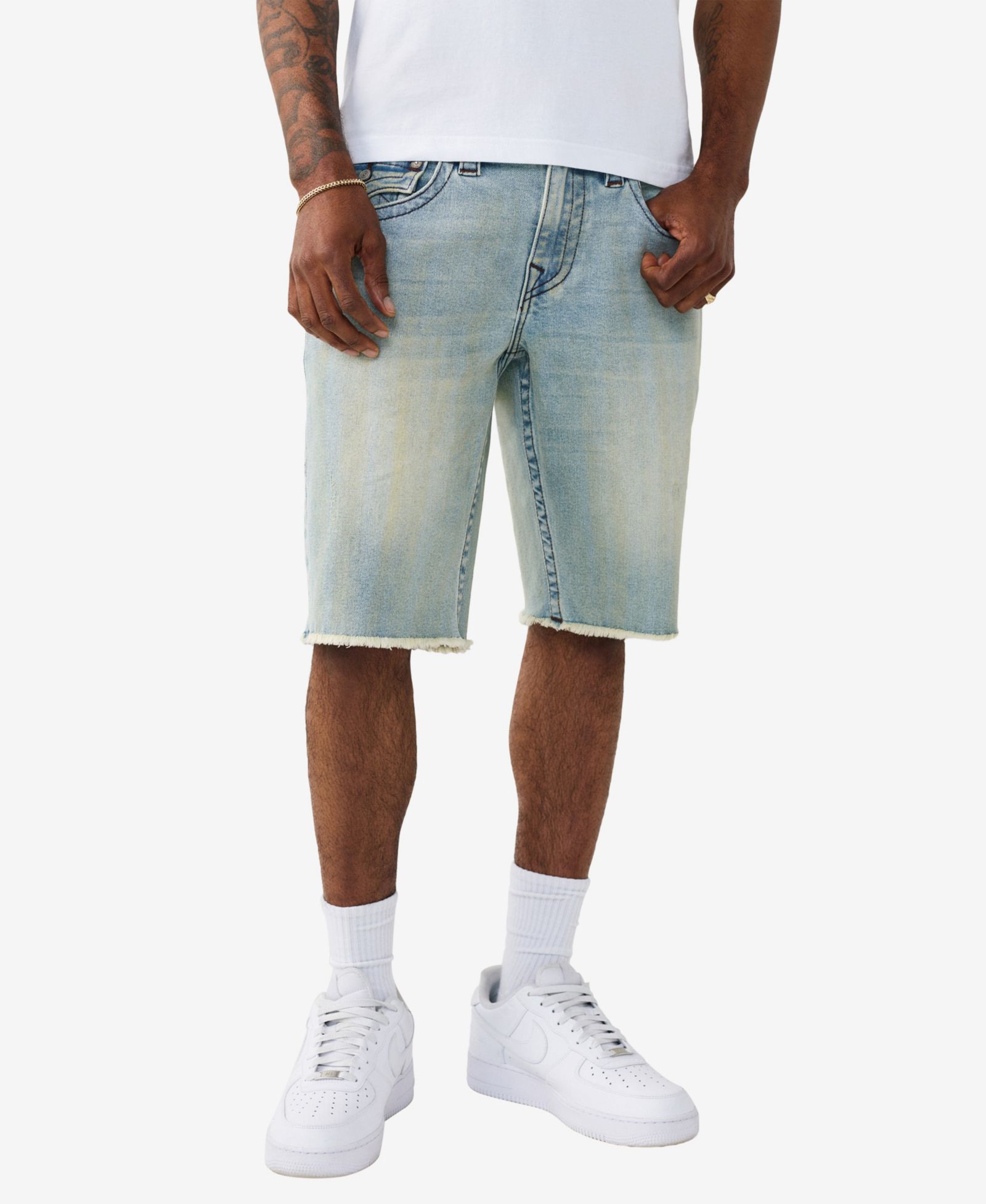 True Religion Men's Ricky Single Needle Straight Fray Hem Shorts
