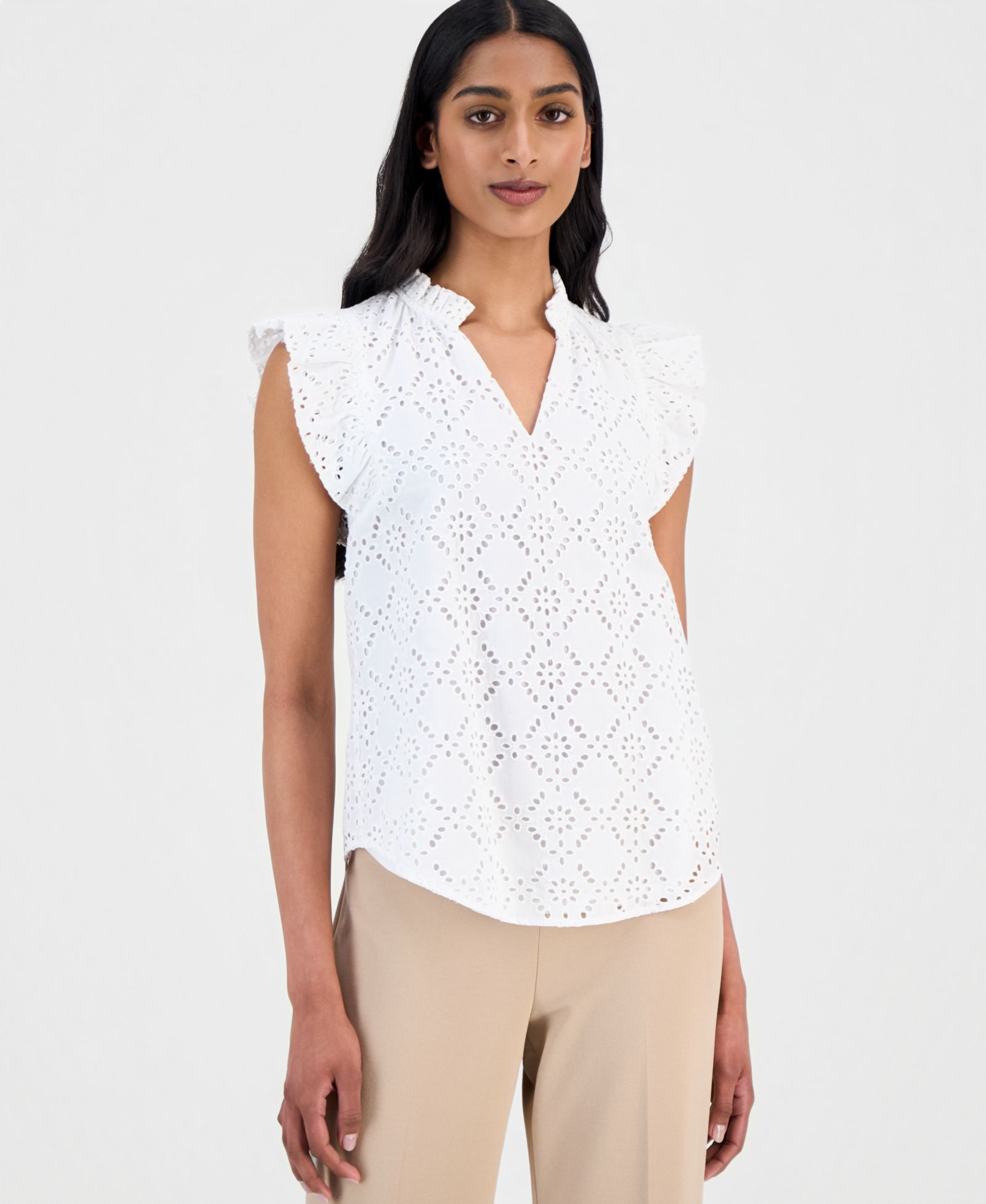 Anne Klein Women's Cotton Eyelet Flutter-Sleeve Top