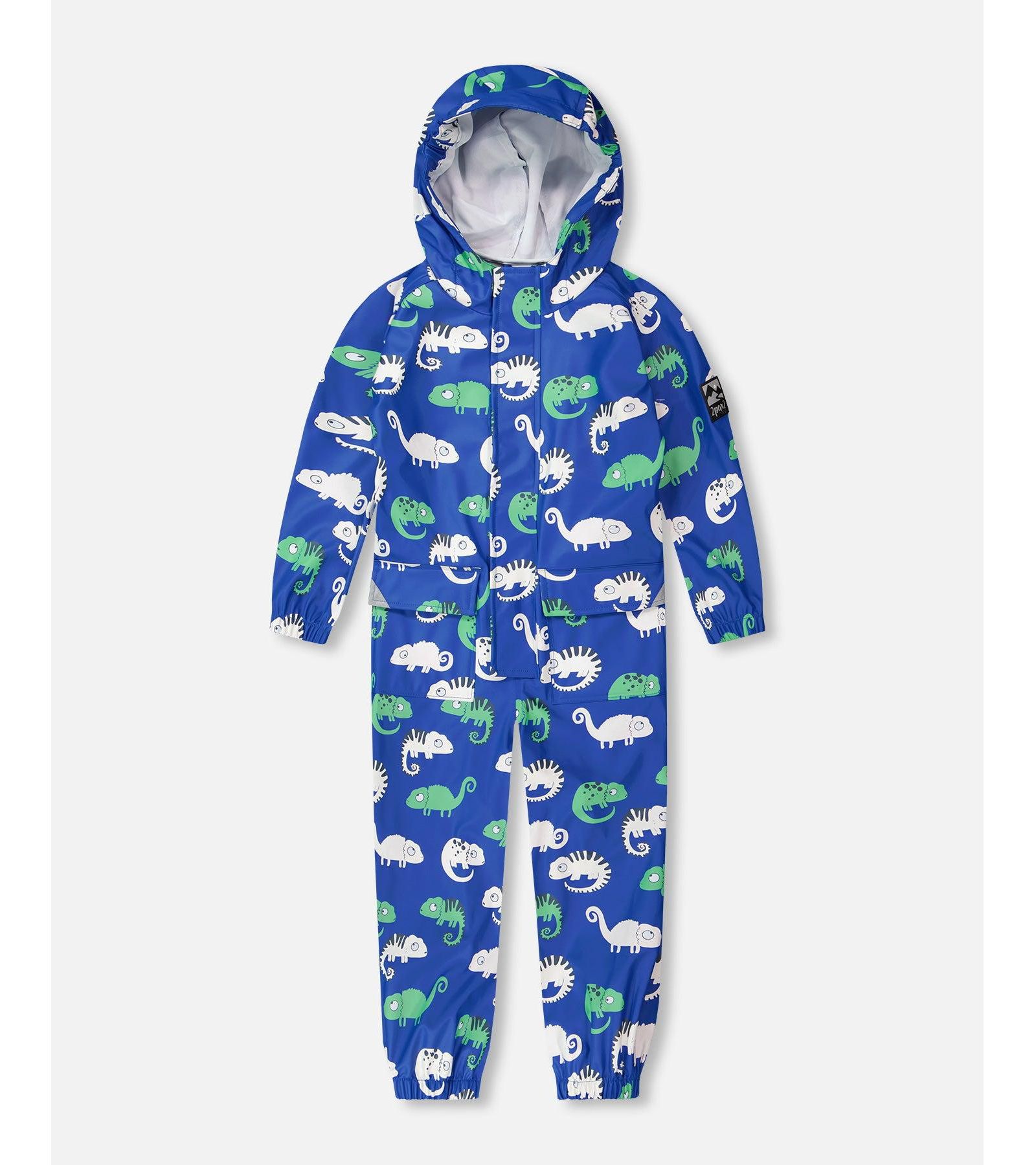 Deux par Deux Toddler Boys Rain One-Piece в Polyurethane Blue Chameleon Print