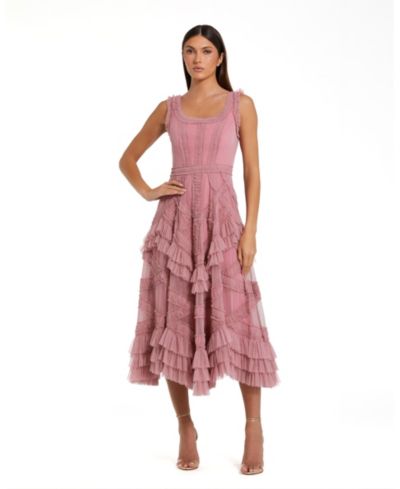 Женское миди-платье Mac Duggal Petite Scoop Neck Sleeveless Mesh Micro Ruffle