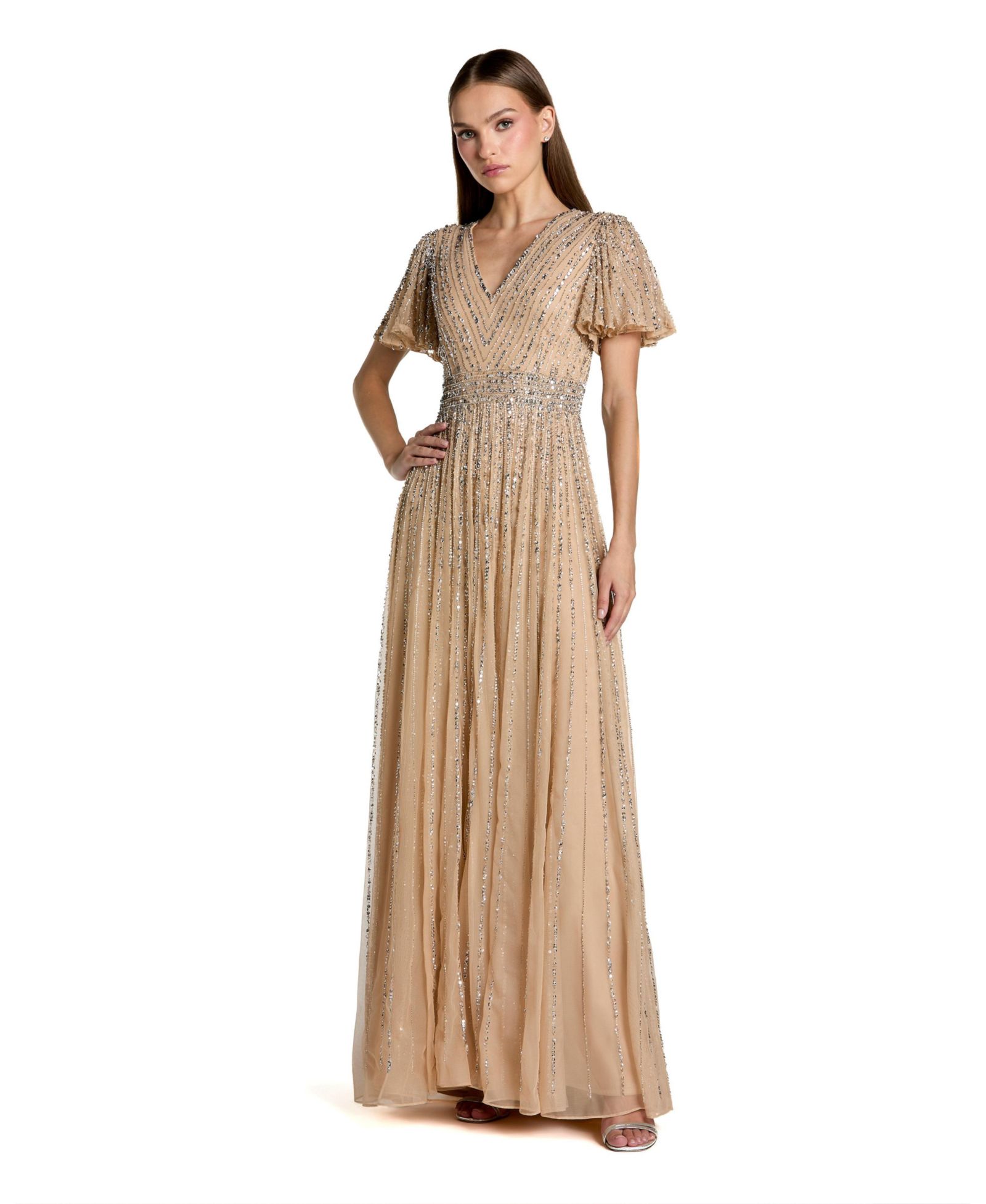 Mac Duggal Women's Hand Embellished V-Neck Flutter Sleeve Gown