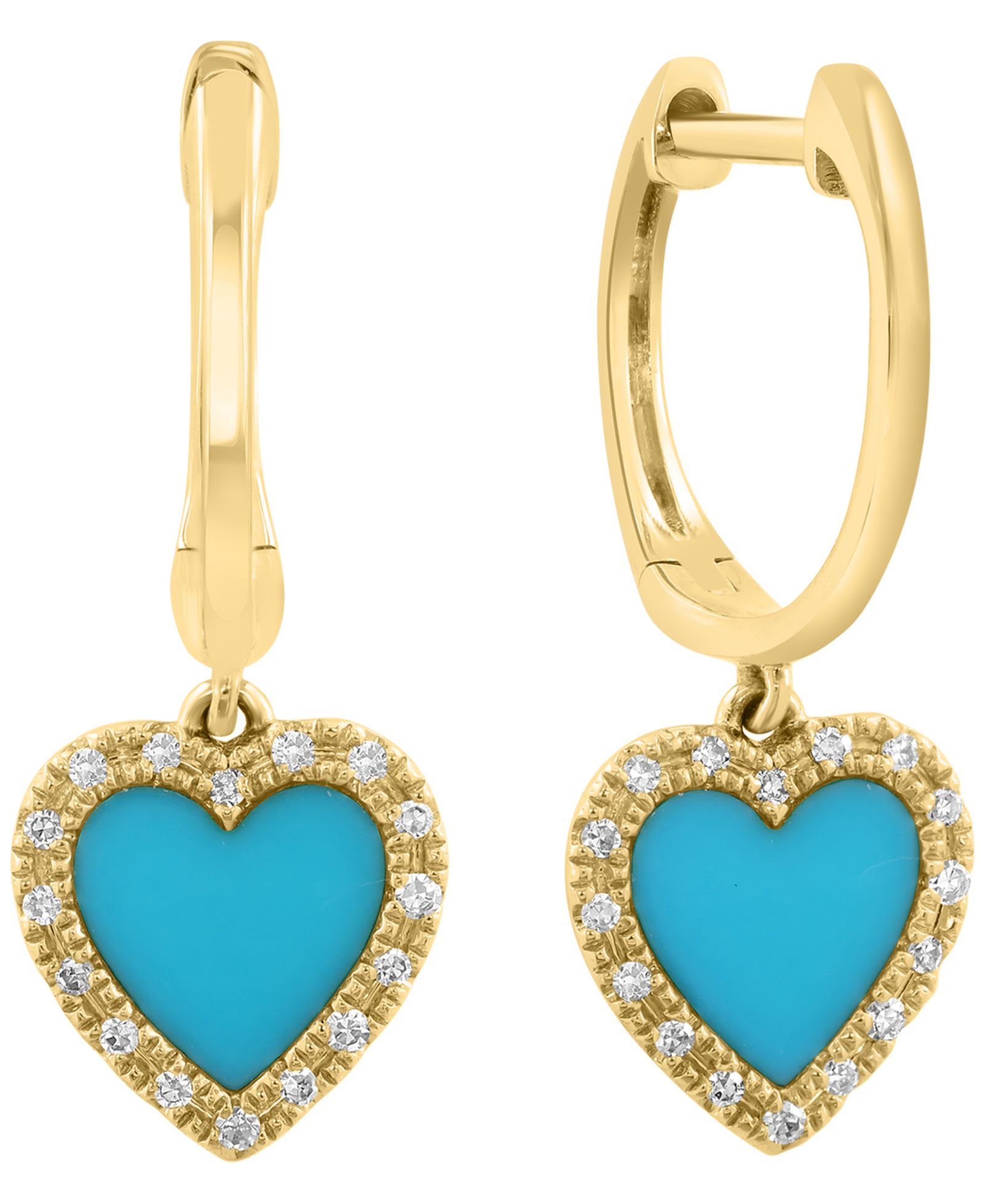 Серьги-подвески EFFY Collection Turquoise & Diamond Heart Drop в 14k Yellow Gold