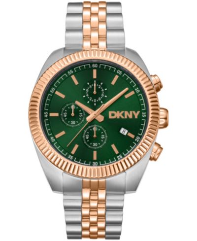 Мужские часы DKNY Chronograph, двухцветные, розовое золото и сталь, 42mm, зеленый циферблат