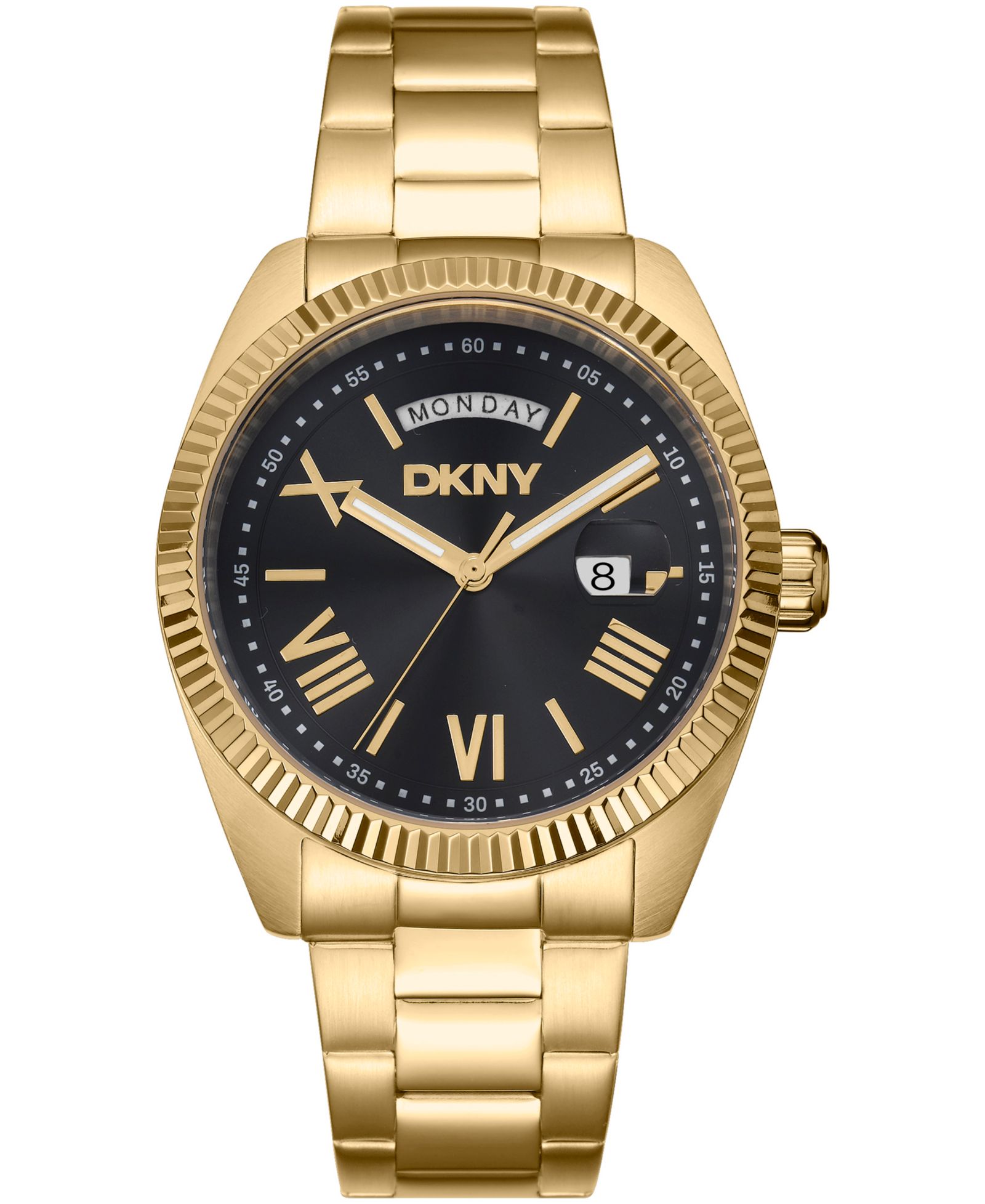DKNY Men's Day Date Black Dial Gold-Tone Stainless Steel Bracelet Watch, 41mm