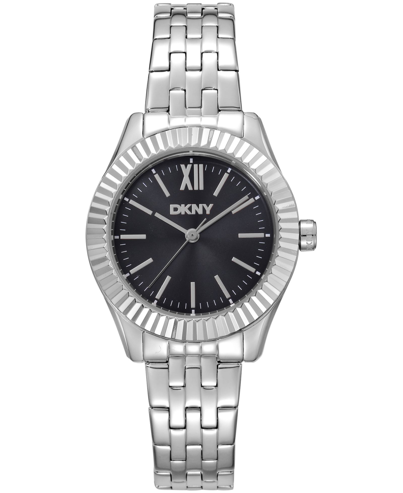 DKNY Women's Black Dial Fluted Bezel Stainless Steel Bracelet Watch, 30mm