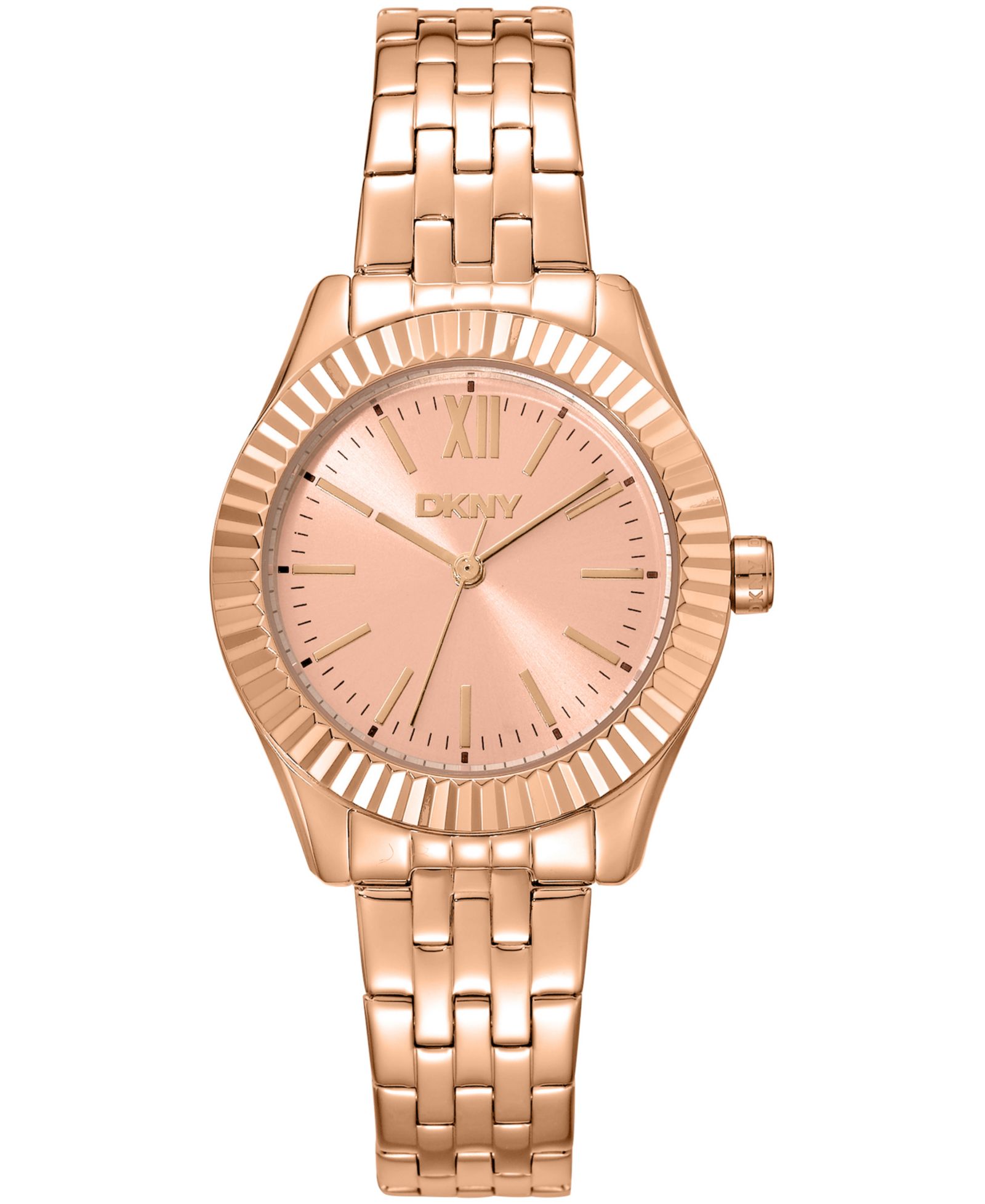 DKNY Women's Rose Gold Dial Fluted Bezel Rose-Gold Tone Stainless Steel Bracelet Watch, 30mm