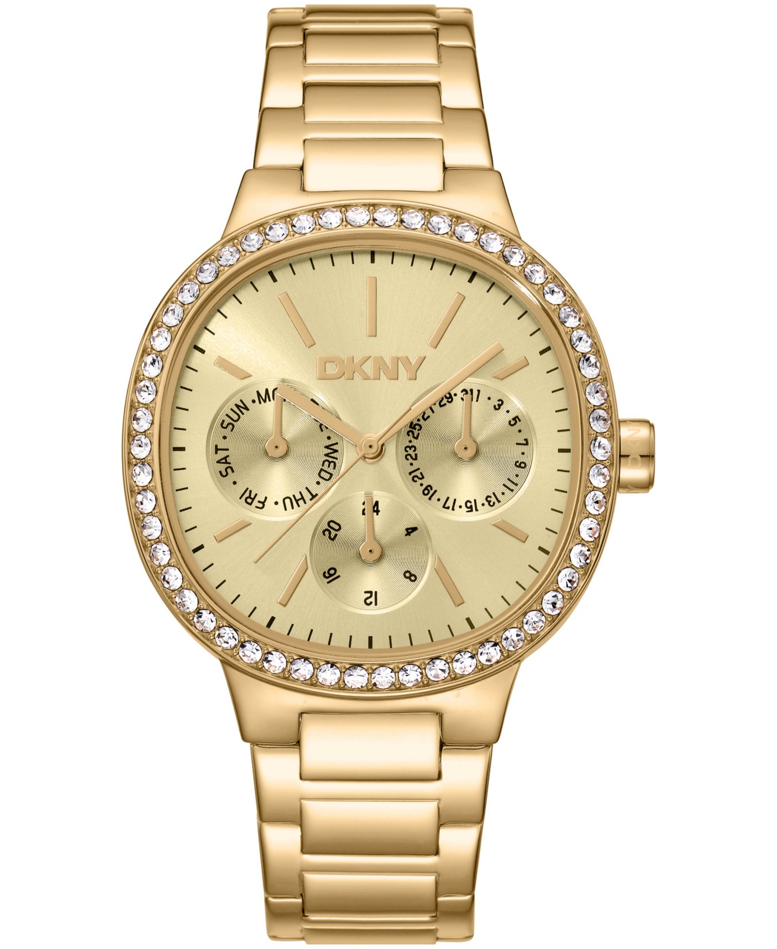 DKNY Women's Champagne Dial Crystal Bezel Gold-Tone Stainless Steel Bracelet Multifunctional Watch, 36mm