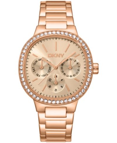 DKNY Women's Rose Gold Dial Crystal Bezel Red-Tone Stainless Steel Bracelet Multifunctional Watch, 36mm