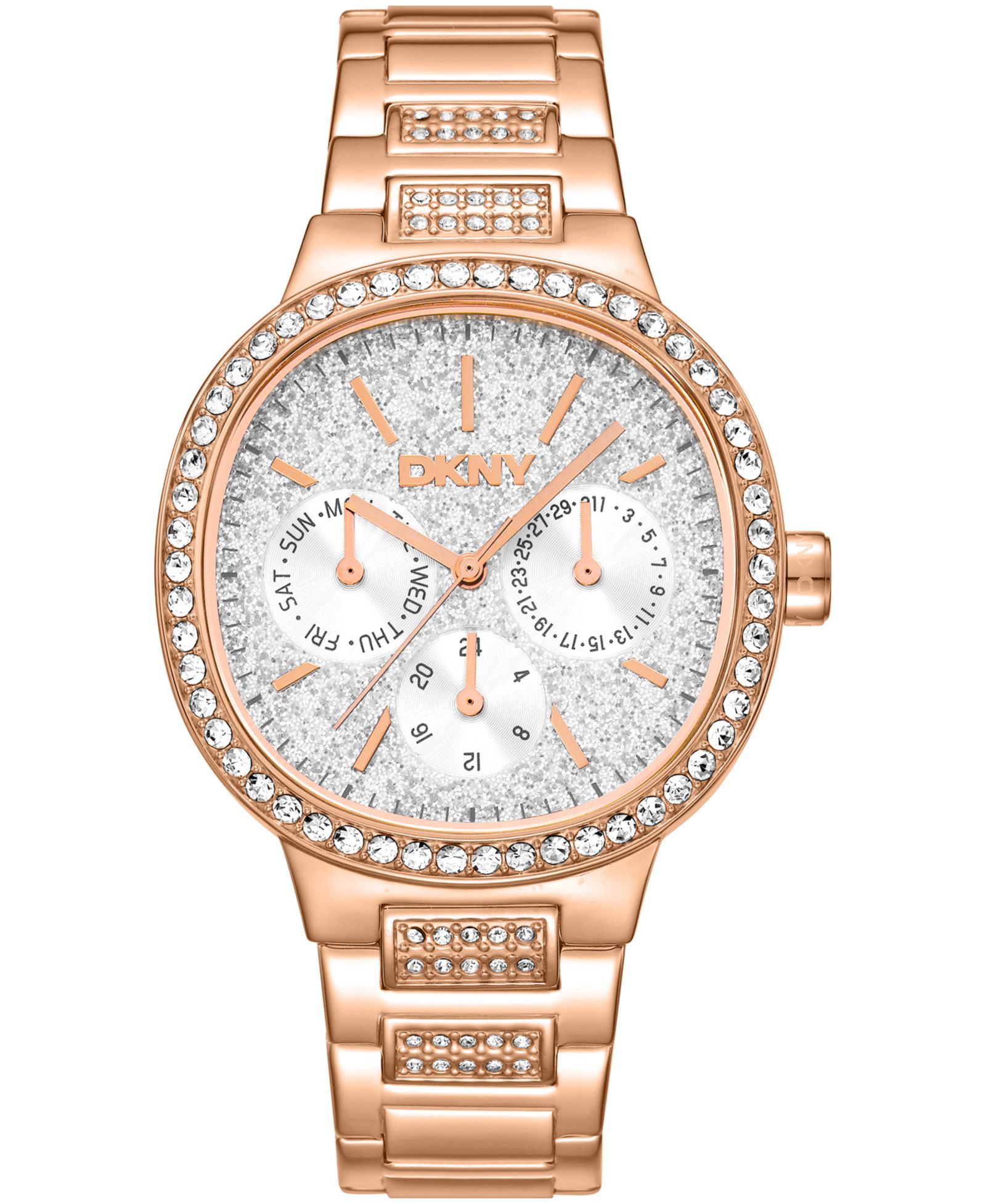 DKNY Women's Silver Crystal Covered Dial and Bezel Red-Gold Tone Stainless Steel Bracelet Multifunctional Watch, 36mm