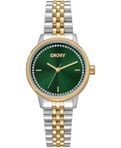 DKNY Women's Green Crystal Accented Dial Two-Tone Gold Stainless Steel Bracelet Watch, 30mm