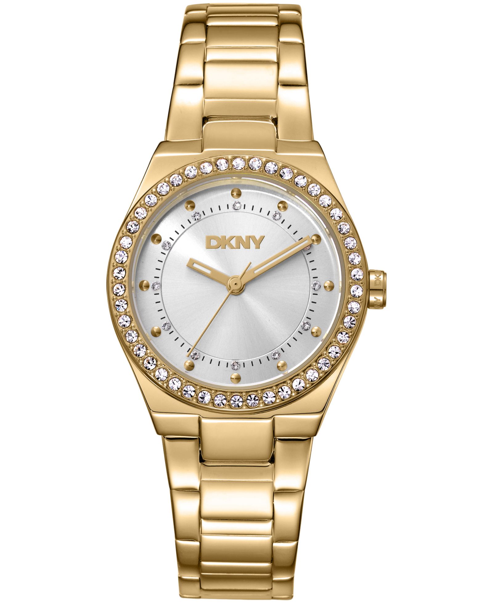 DKNY Women's Silver Dial Crystal Dial Markers Crystal Bezel Gold-Tone Stainless Steel Bracelet Watch, 30mm