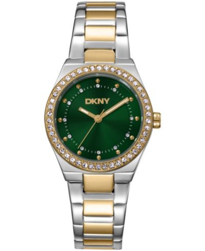 DKNY Женские часы с зеленым циферблатом, кристаллами и двухцветным золотым браслетом из нержавеющей стали, 30mm