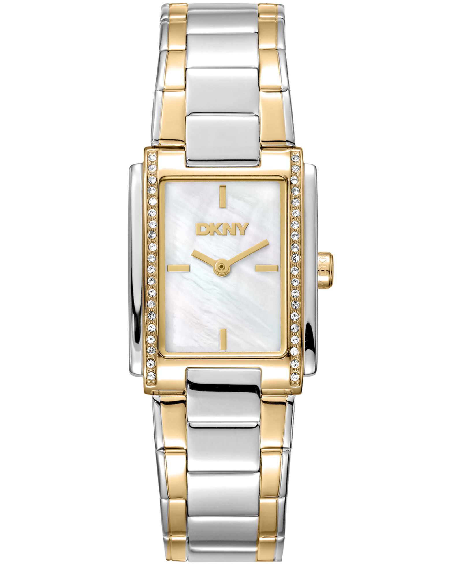 DKNY Women's White MOP Dial Crystal Accented Case Two-Tone Gold Stainless Steel Bracelet Watch, 23 x 30mm