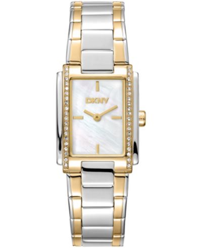 DKNY Женские часы с двухцветным золотым браслетом из нержавеющей стали, белым циферблатом MOP и кристаллами, 23 x 30mm