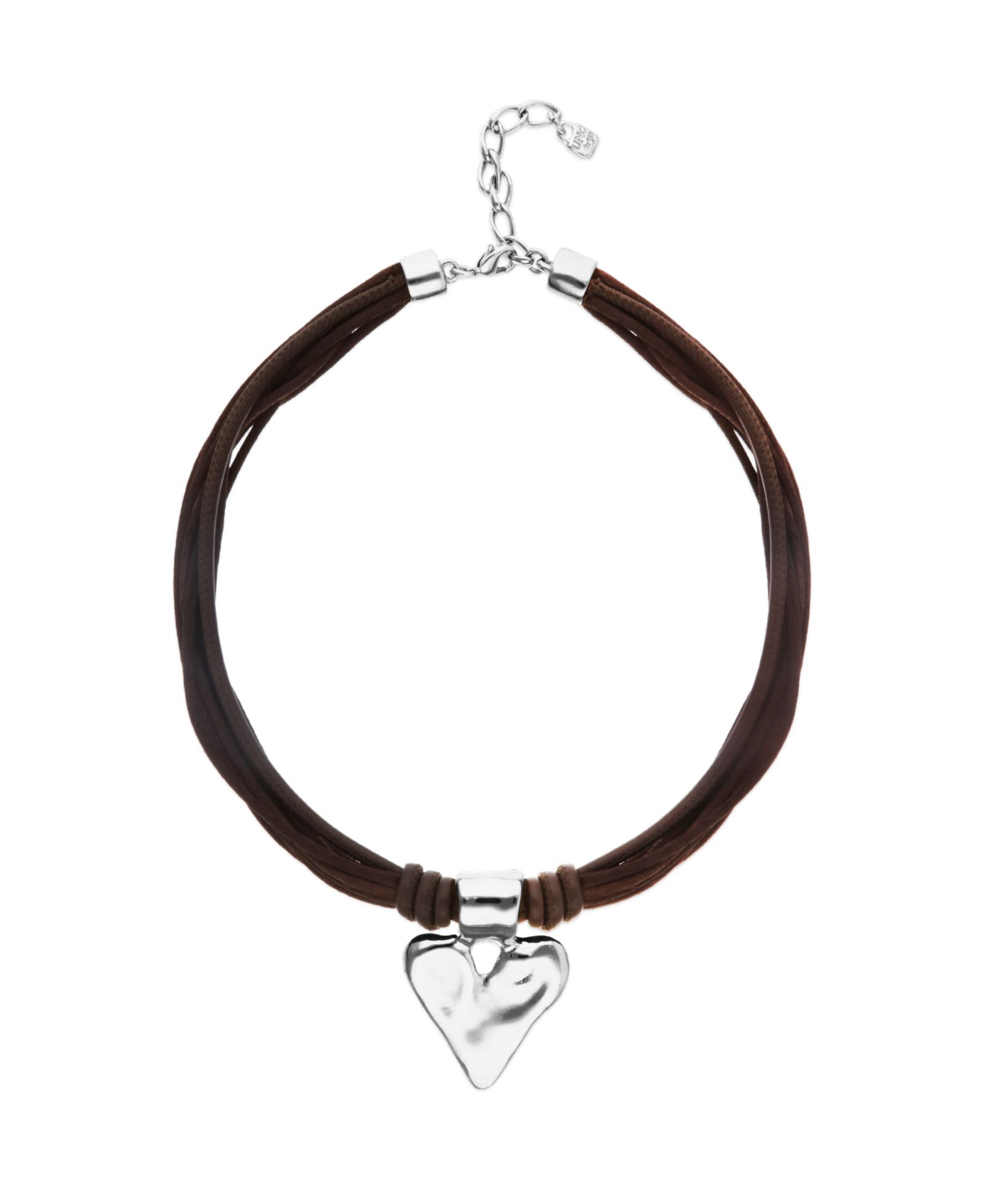 Ожерелье Unode50 Mixed Dark Brown из шелка и кожи с деталью из стерлингового серебра в виде сердца