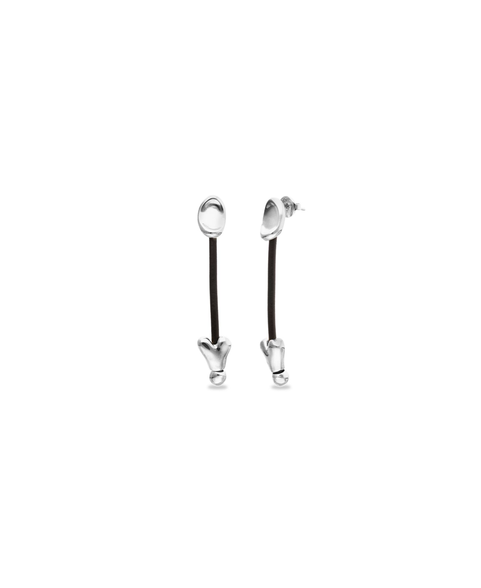 Unode50 Leather And Sterling Silver Plated Long Earrings with Hearts