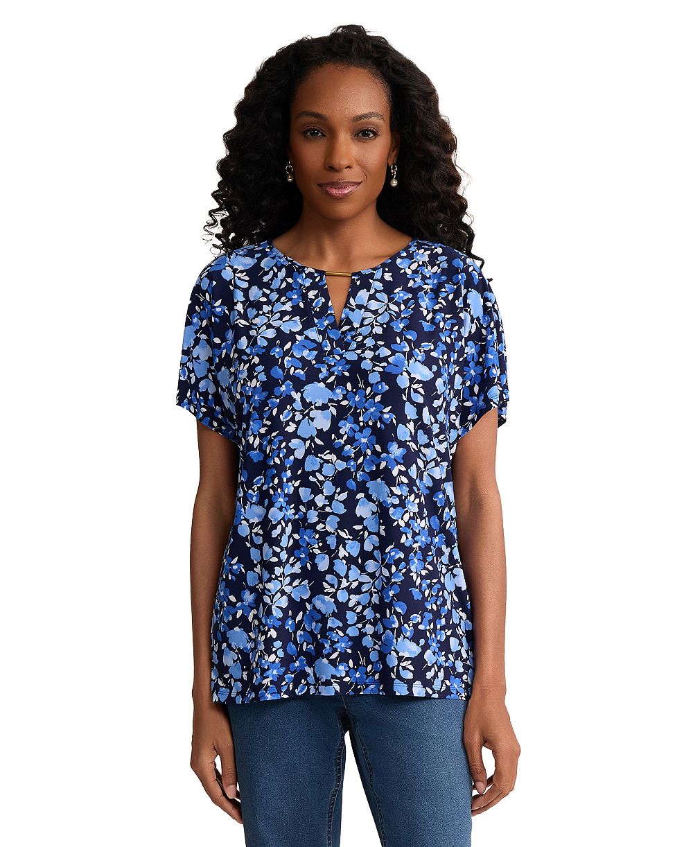 Jones New York Women's Extend Shoulder Placket Round Neck Top