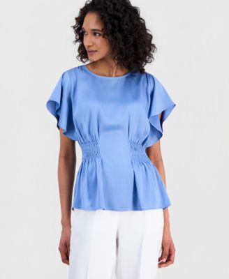 Anne Klein Petite Smocked Flutter-Sleeve Smocked-Waist Top