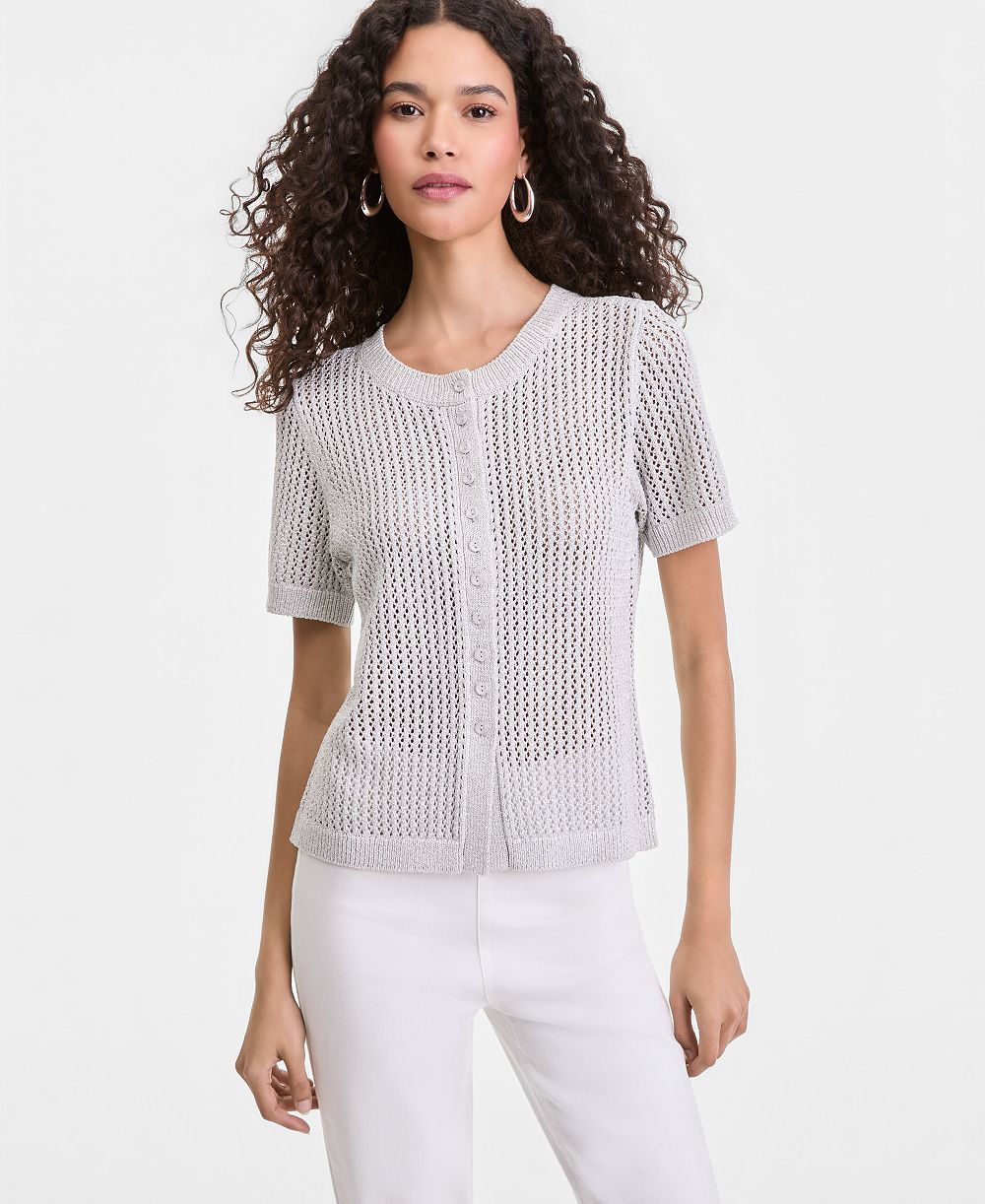 I.N.C. International Concepts Women's Short-Sleeve Metallic Crochet Cardigan, Macy's Exclusive