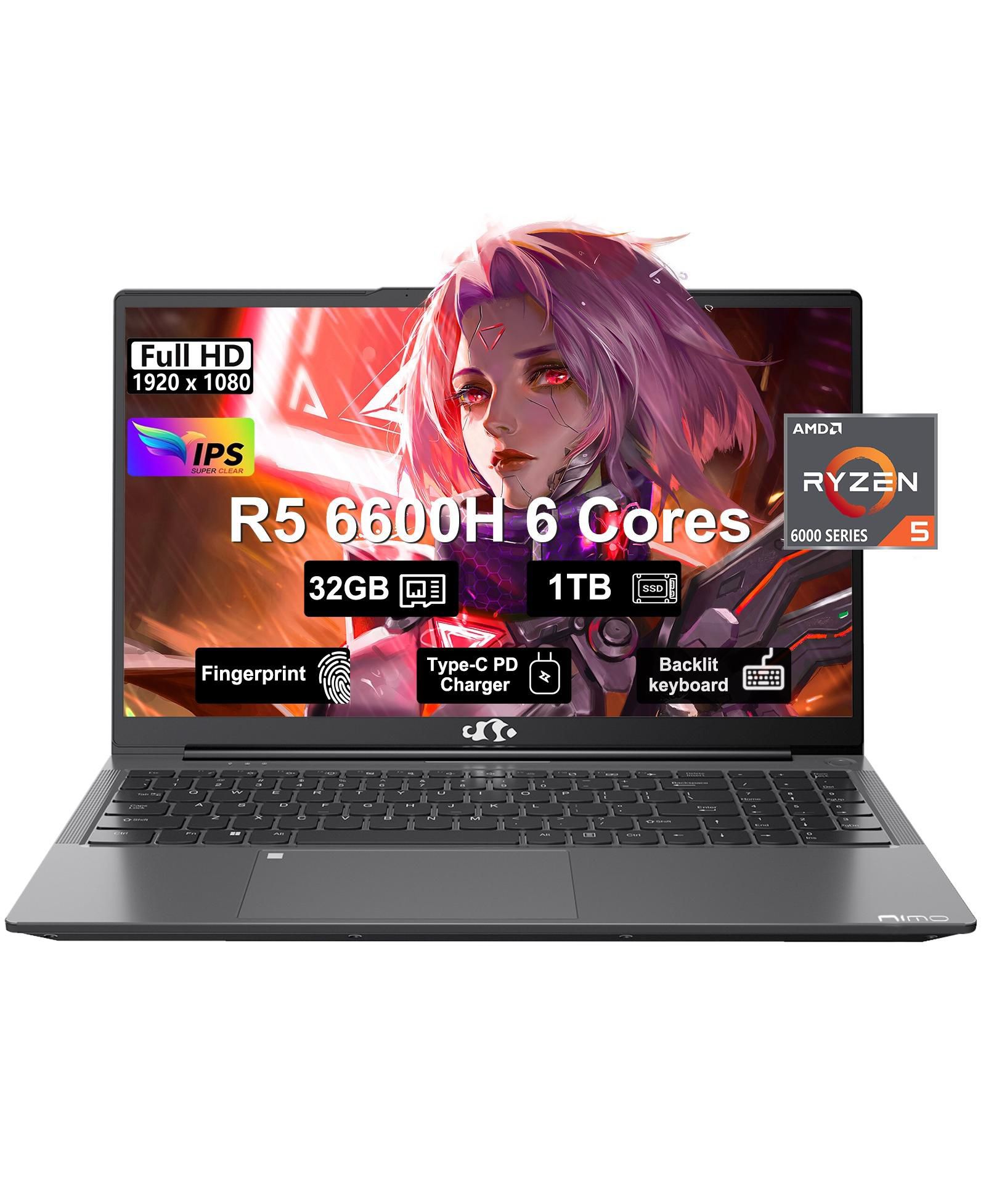 Ноутбук NIMO с процессором AMD Ryzen 5 6600H, 32 ГБ DDR5 RAM, 1 ТБ SSD, экран 15,6"