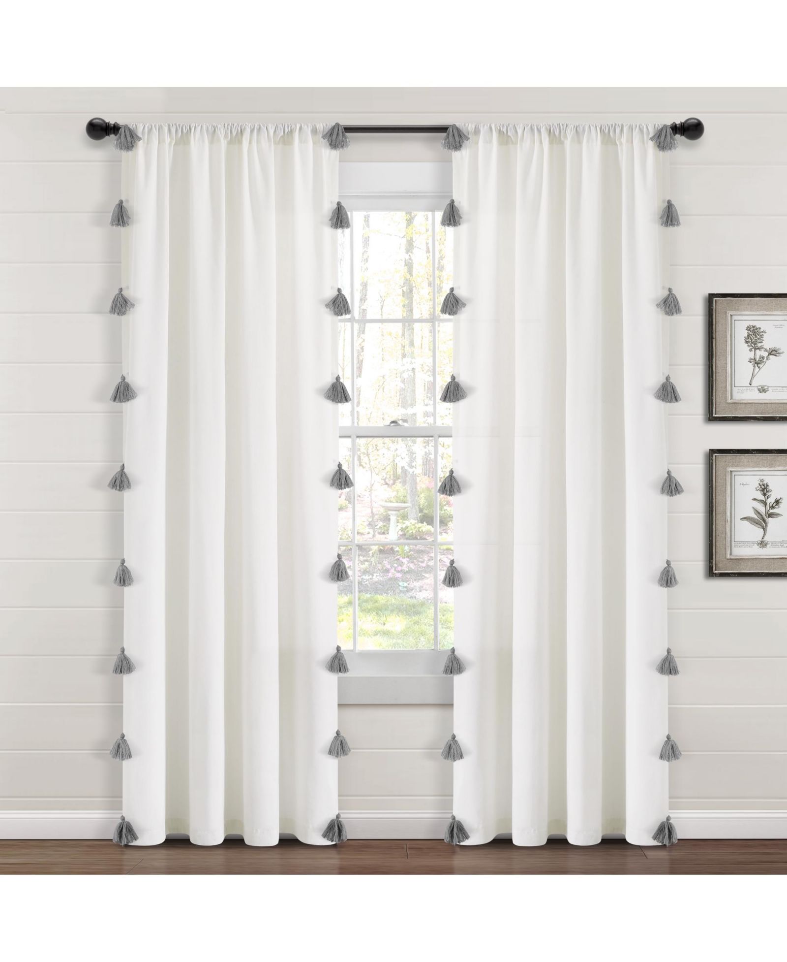 Lush Decor Boho Faux Linen Texture Tassel Window Curtain Panel Single 52"W x 84"L White & Gray - White Curtains For Bedroom - Living Room Curtains