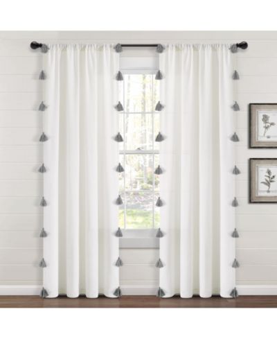 Lush Decor Boho Faux Linen Texture Tassel Window Curtain Panel Single 52"W x 84"L White & Gray - White Curtains For Bedroom - Living Room Curtains