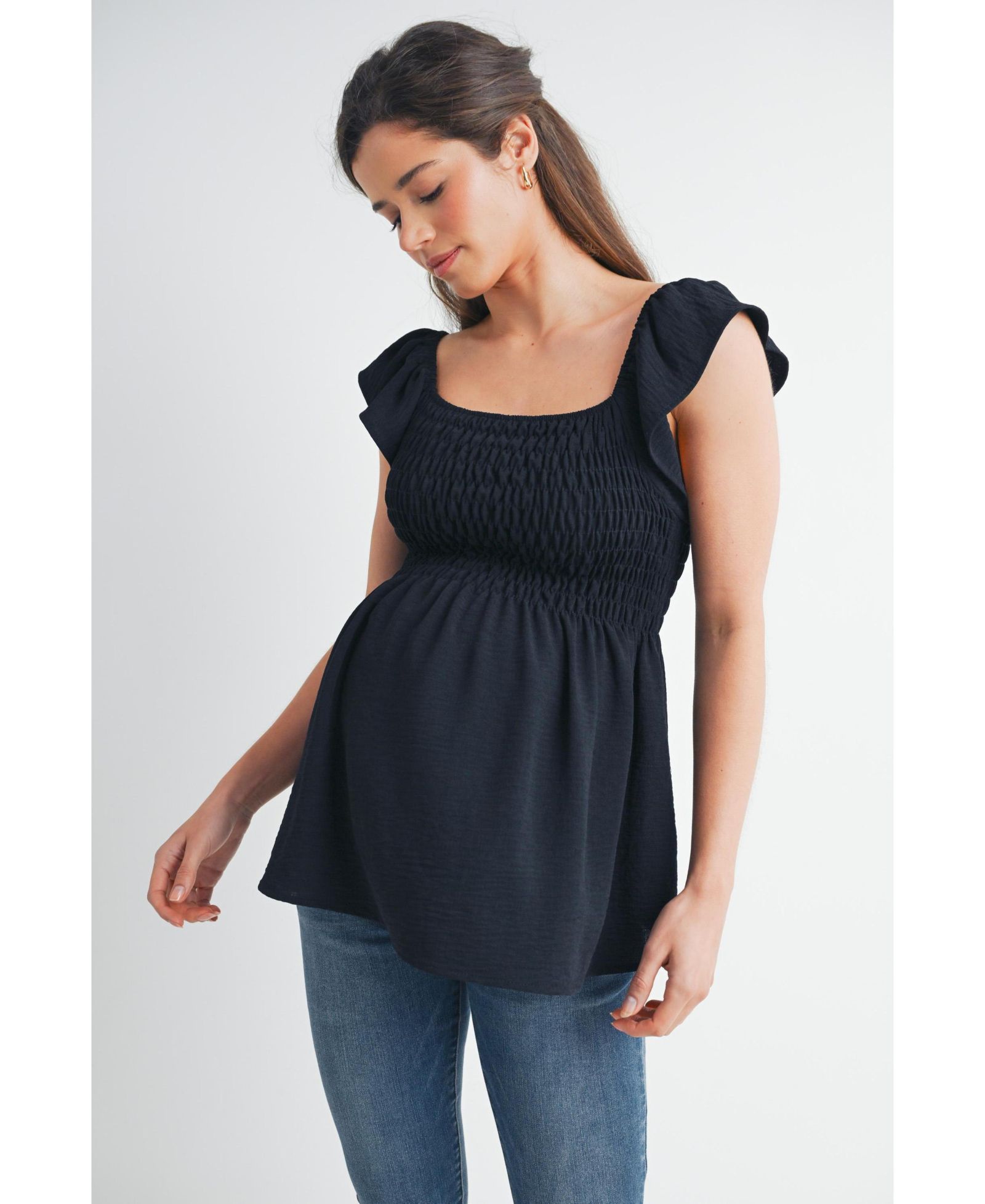 Hello Miz Maternity Smocked Flutter Sleeve Square Neck Top
