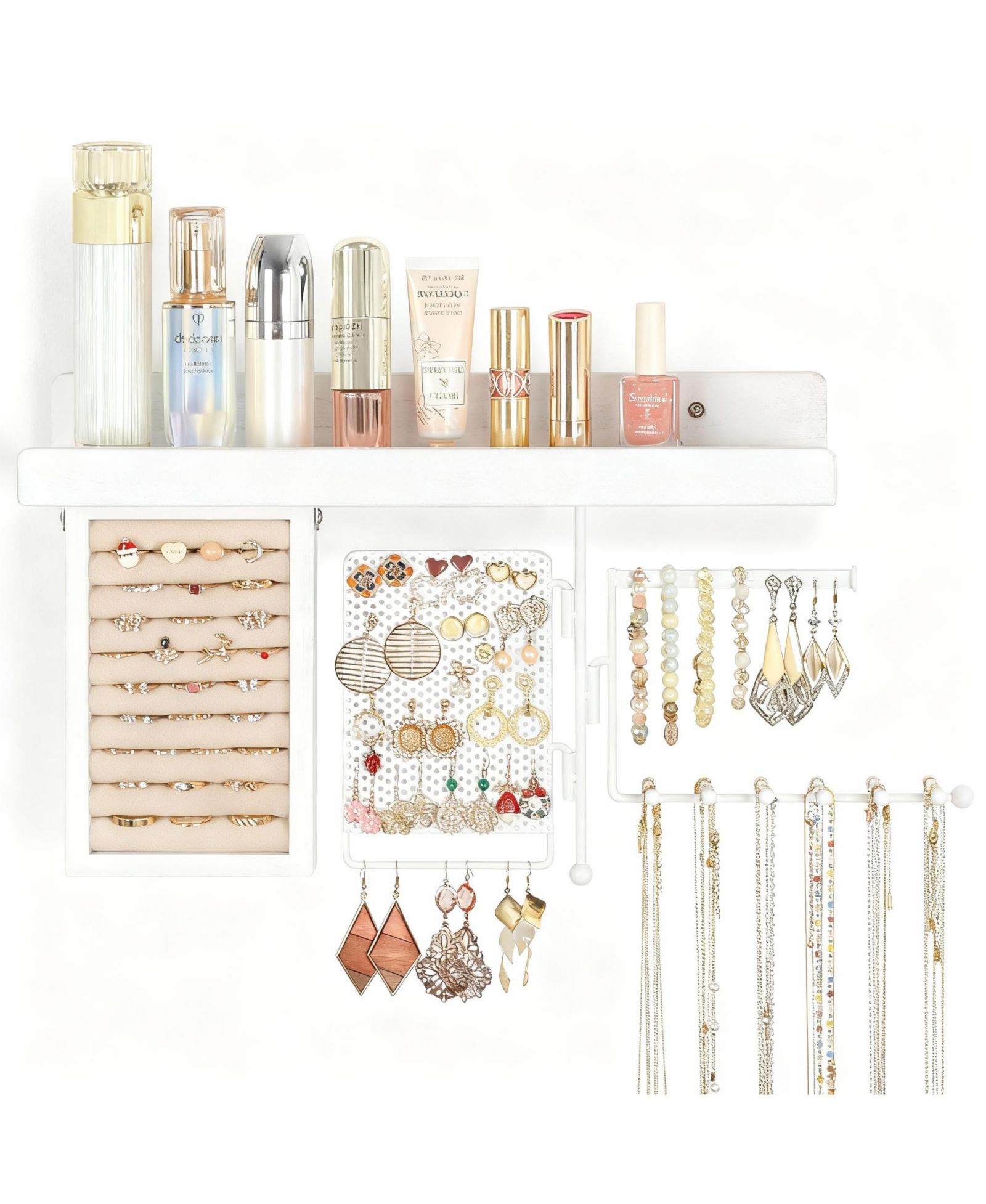 YIGII 4-in-1 Wall Hanging shelves: Wood Shelf, Ring Box, Peg Board, Rotating Necklace Rack