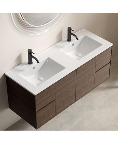 BUSDAYS Double Bowl Ceramic Bathroom Sink - 121 x 46 x 17cm Thin Edge Vanity Basin, Dual Countertop Porcelain Wash Basin