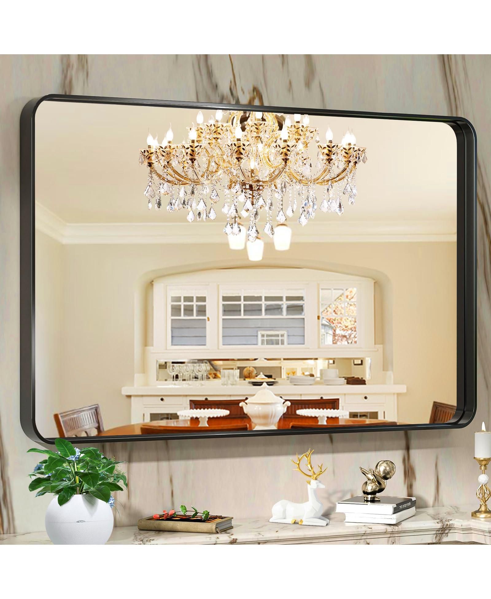 Homfan Bathroom Mirror 55 x 30 inch Rectangular Black Metal Framed Mirror, Modern Round Corner Wall Mounted Vanity Mirror for Bathroom Living Room
