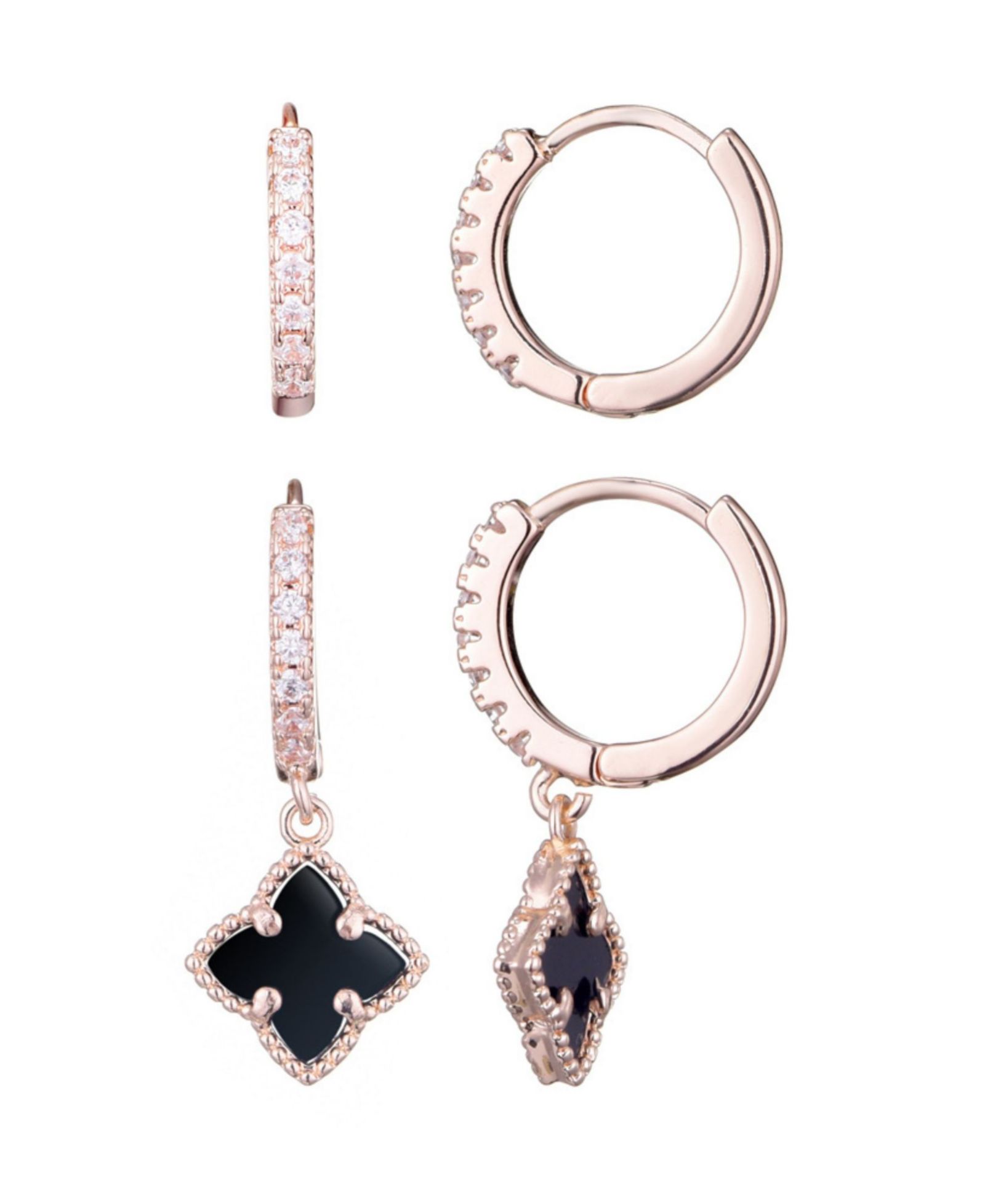 ADORNIA Rose Gold CZ Black Clover Huggie Set