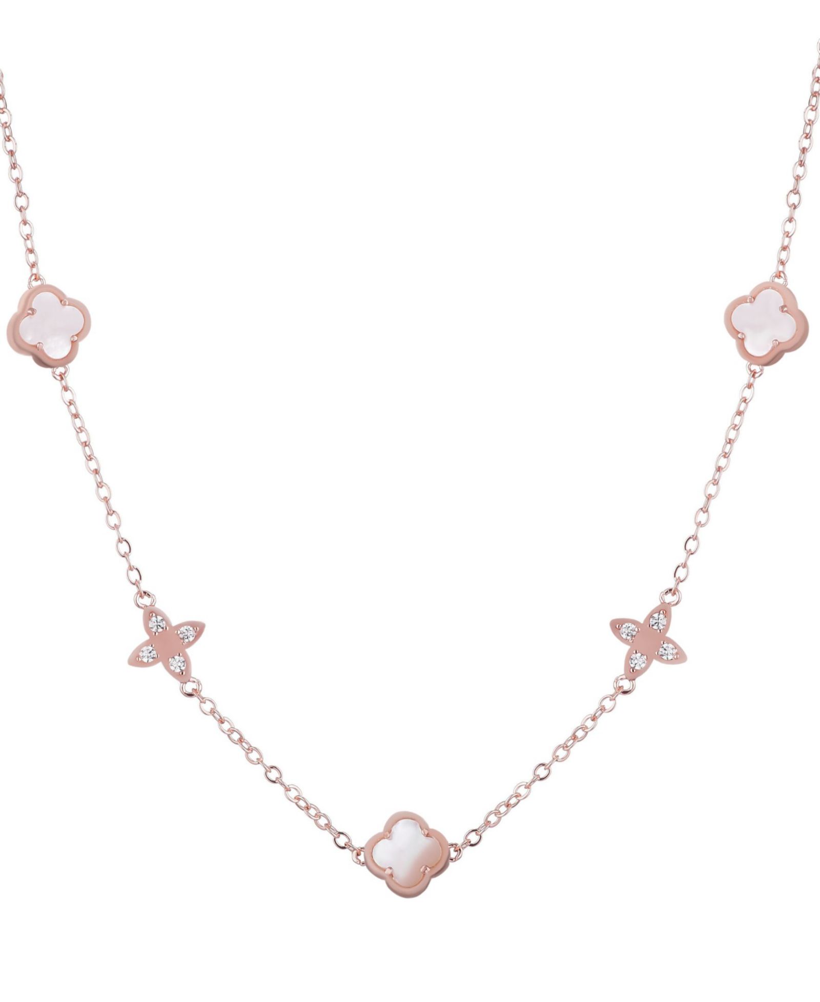 Ожерелье ADORNIA Rose Gold Mother of Pearl CZ Clover Station