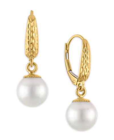 Macy's Cultured Freshwater Pearl (8.5-9mm) Drop Earrings in 10k Yellow Gold