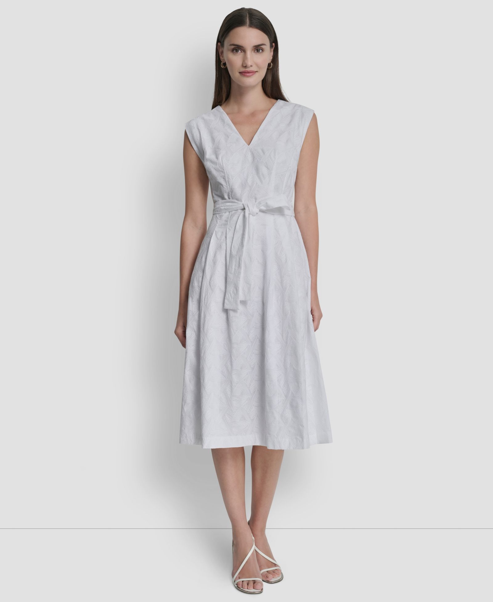 DKNY Женское миди-платье с вышивкой и рукавом-крыло, V-образным вырезом, Cap-Sleeve