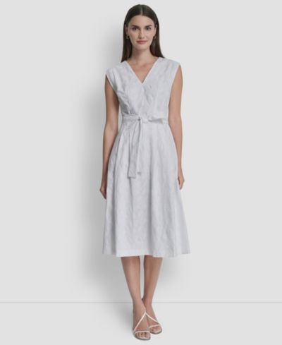 DKNY Women's Cap-Sleeve V-Neck Embroidered Midi Dress