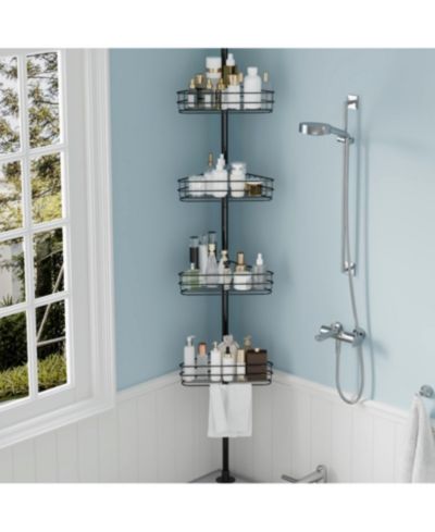 Homfan Corner Shower Caddy Tension Pole,  4-Tier Rustproof Bathroom Shelves with Built-In Towel Bars