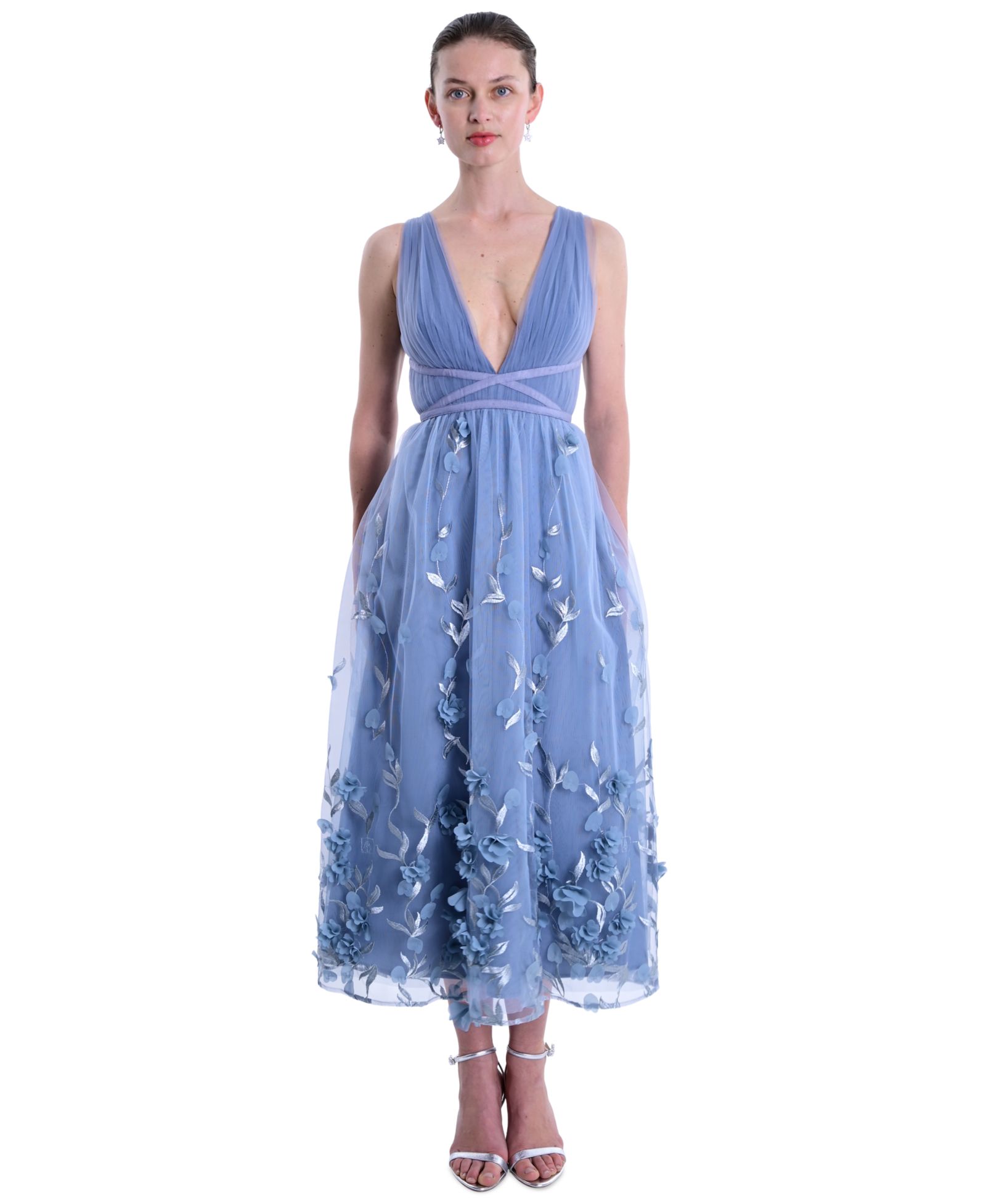 Женское миди-платье Marchesa Notte с V-образным вырезом и 3D цветочным принтом