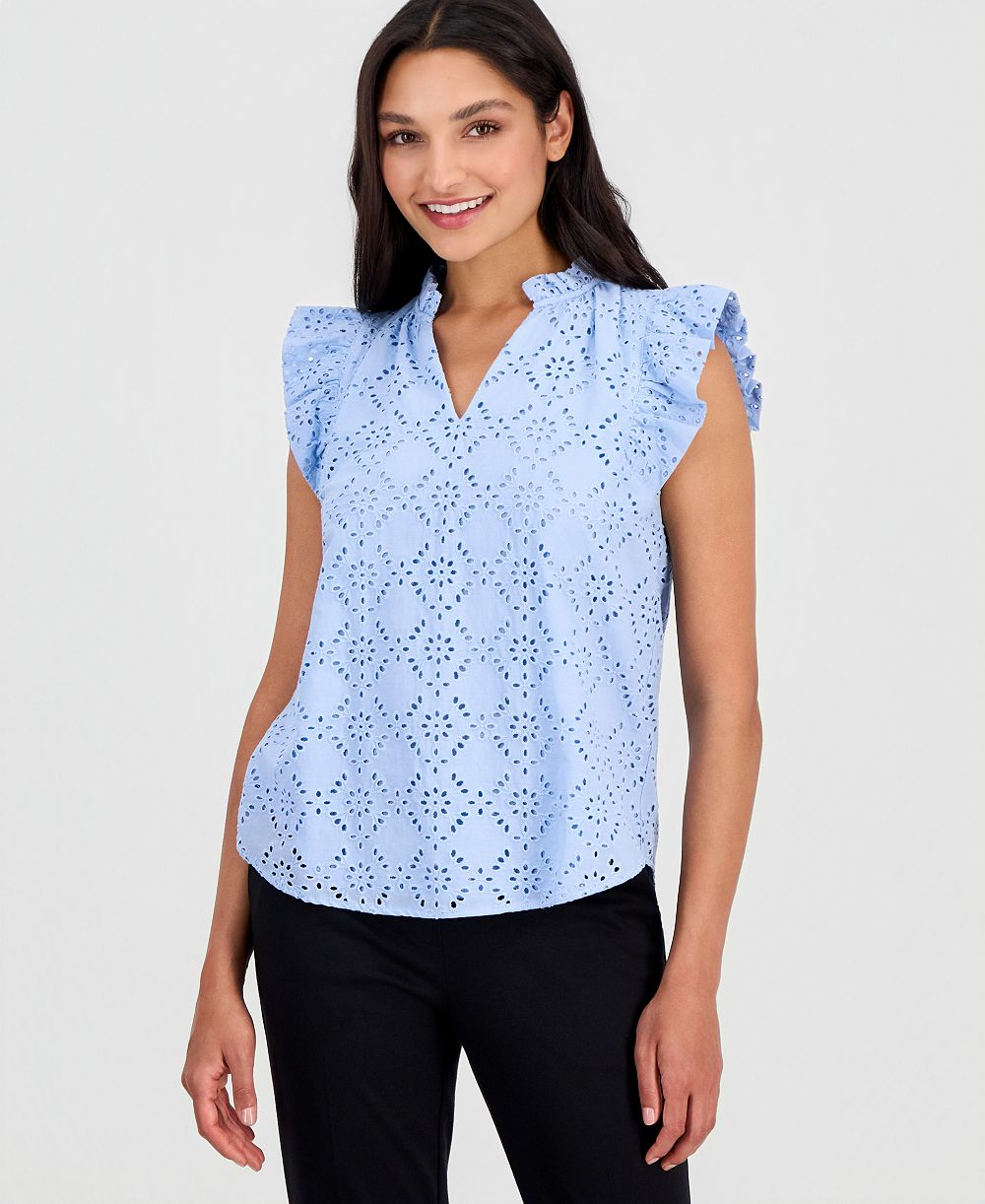 Anne Klein Petite Flutter-Sleeve V-Neck Blouse